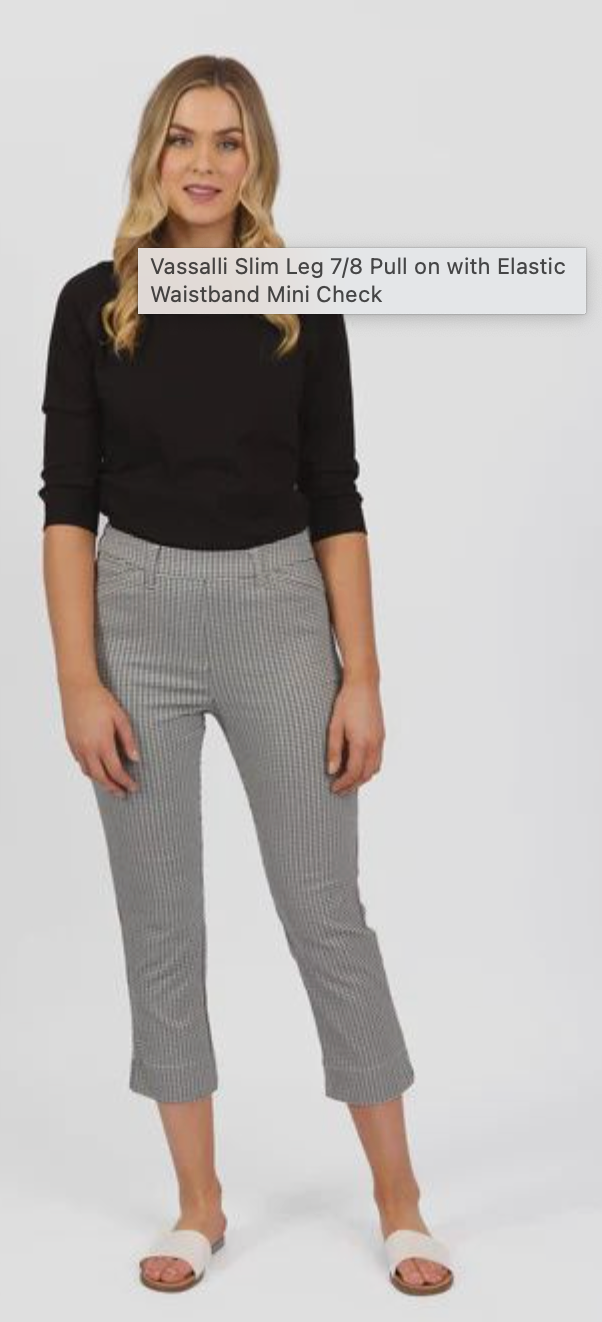 Slim Leg 7/8 Pull On Pant with Elastic Waistband - Mini Check