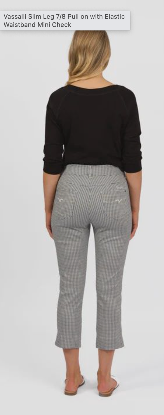 Slim Leg 7/8 Pull On Pant with Elastic Waistband - Mini Check
