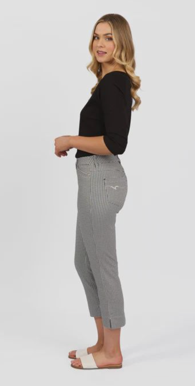 Slim Leg 7/8 Pull On Pant with Elastic Waistband - Mini Check