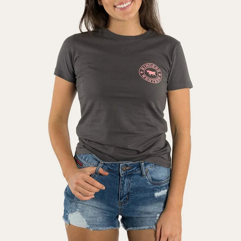Ringers Western Signature Bull Tee Vintage Black Strawberry Pink - detail view