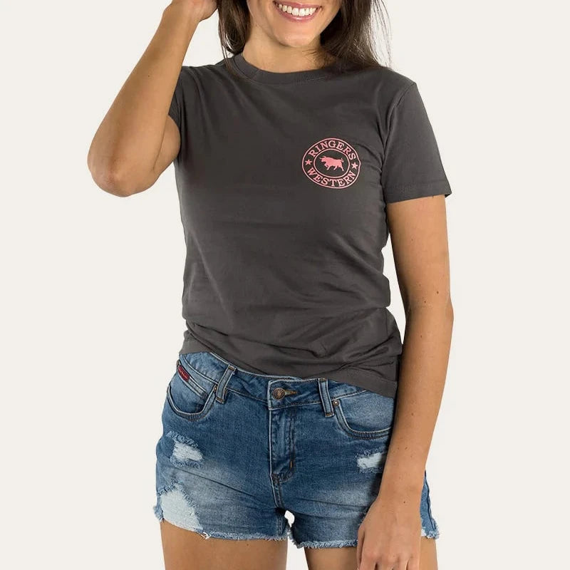 Ringers Western Signature Bull Tee Vintage Black Strawberry Pink - worn on model