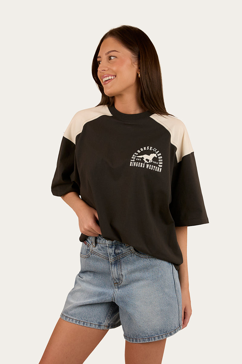 Lets Horse Around Womens Oversized T-Shirt - Washed Black / Off White - Catani Clothing