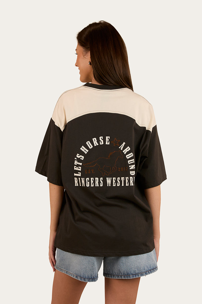 Lets Horse Around Womens Oversized T-Shirt - Washed Black / Off White
