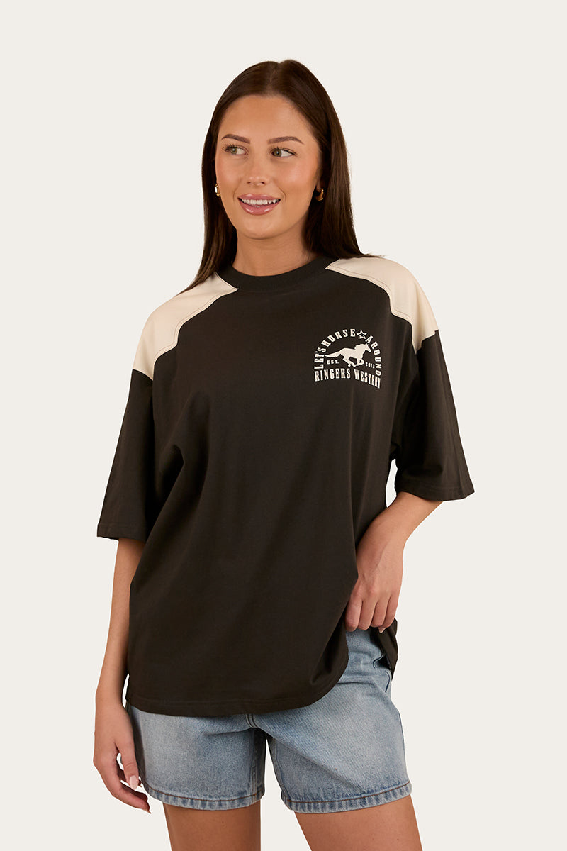 Lets Horse Around Womens Oversized T-Shirt - Washed Black / Off White