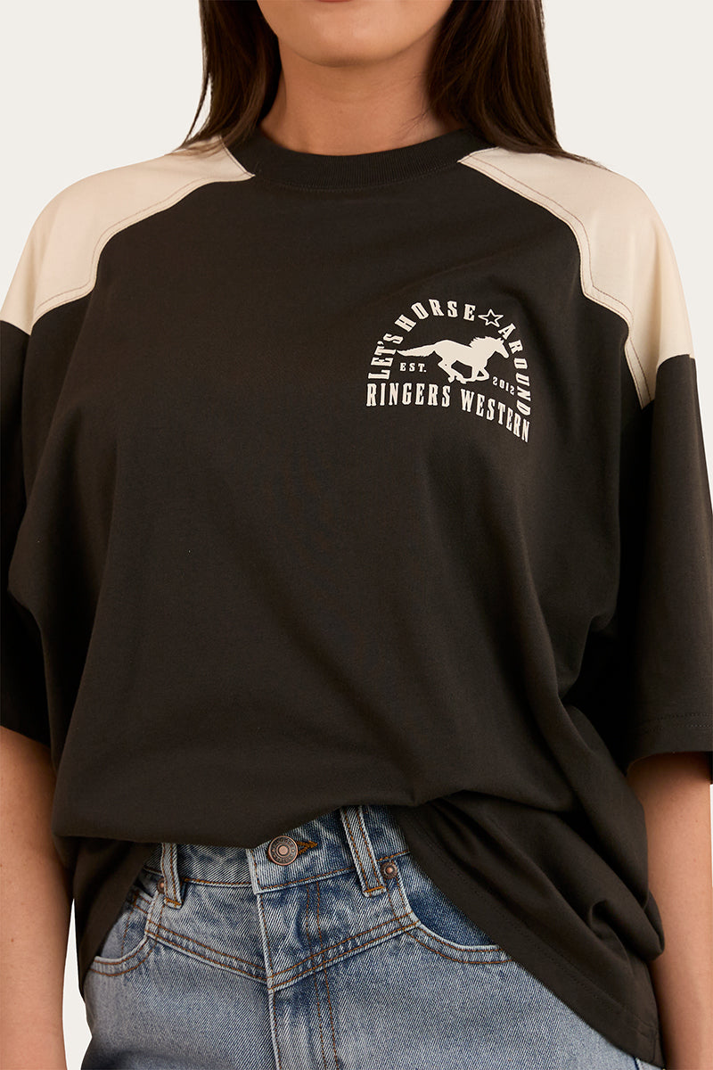 Lets Horse Around Womens Oversized T-Shirt - Washed Black / Off White