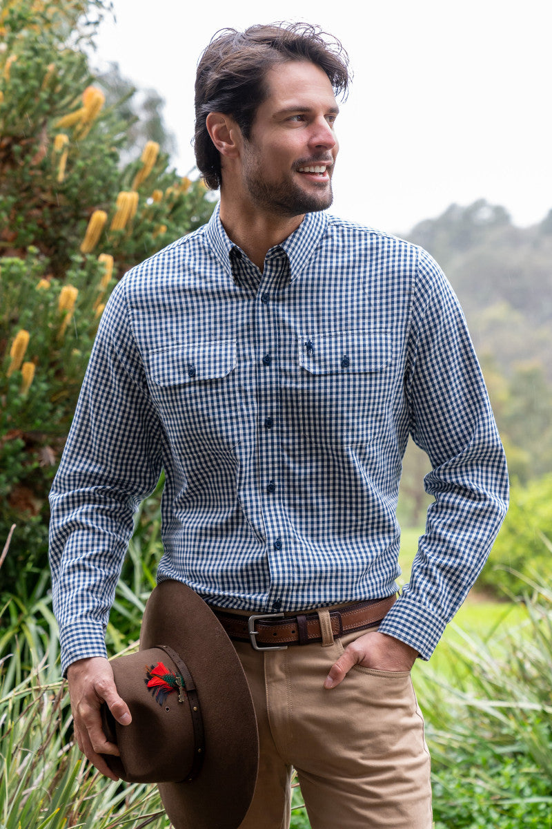 Gino Wool 2-Pocket LS Shirt - Navy / White