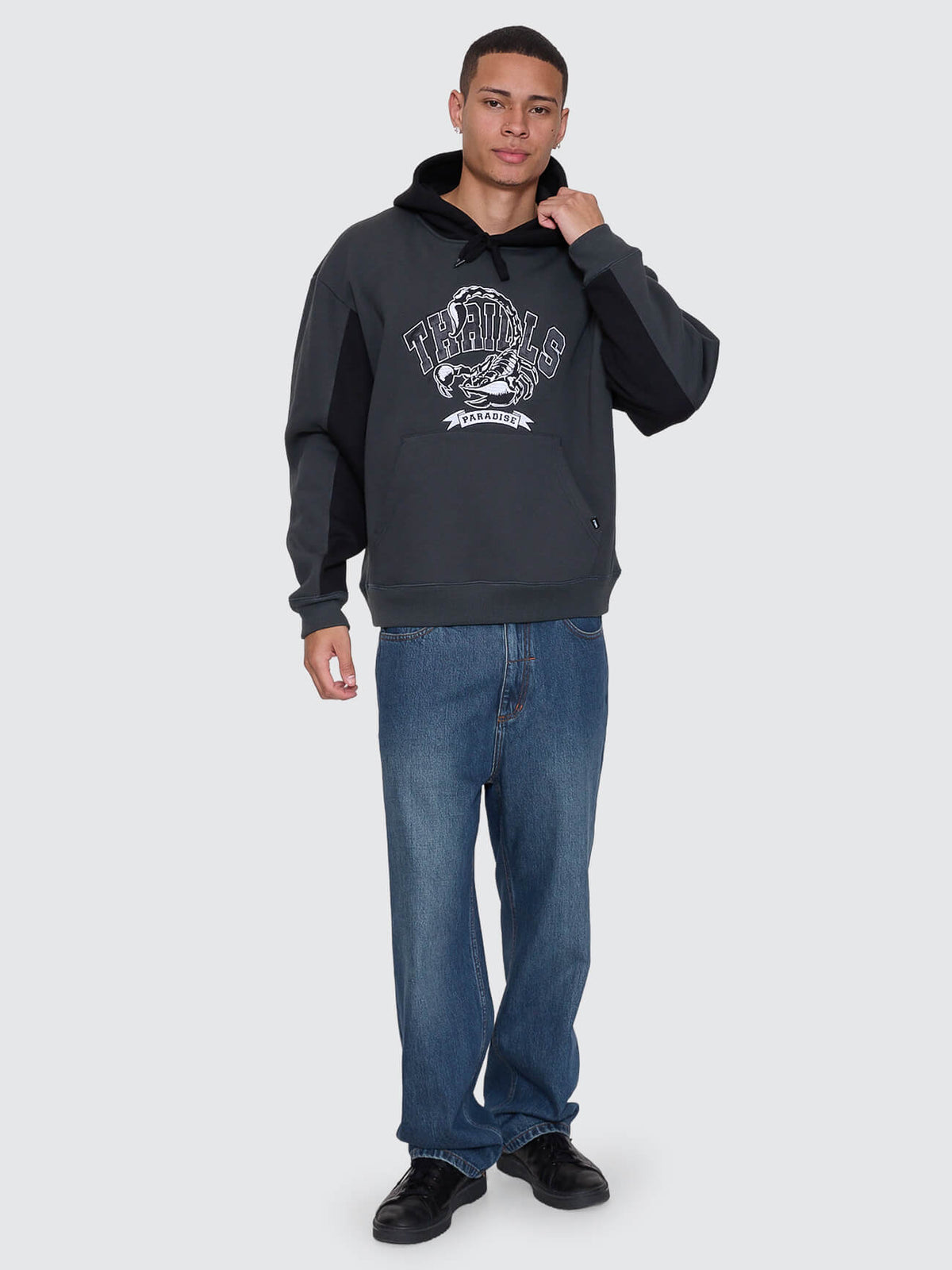 Sting Of Defeat Slouch Pull On Cropped Hood - Carbon - Catani Clothing