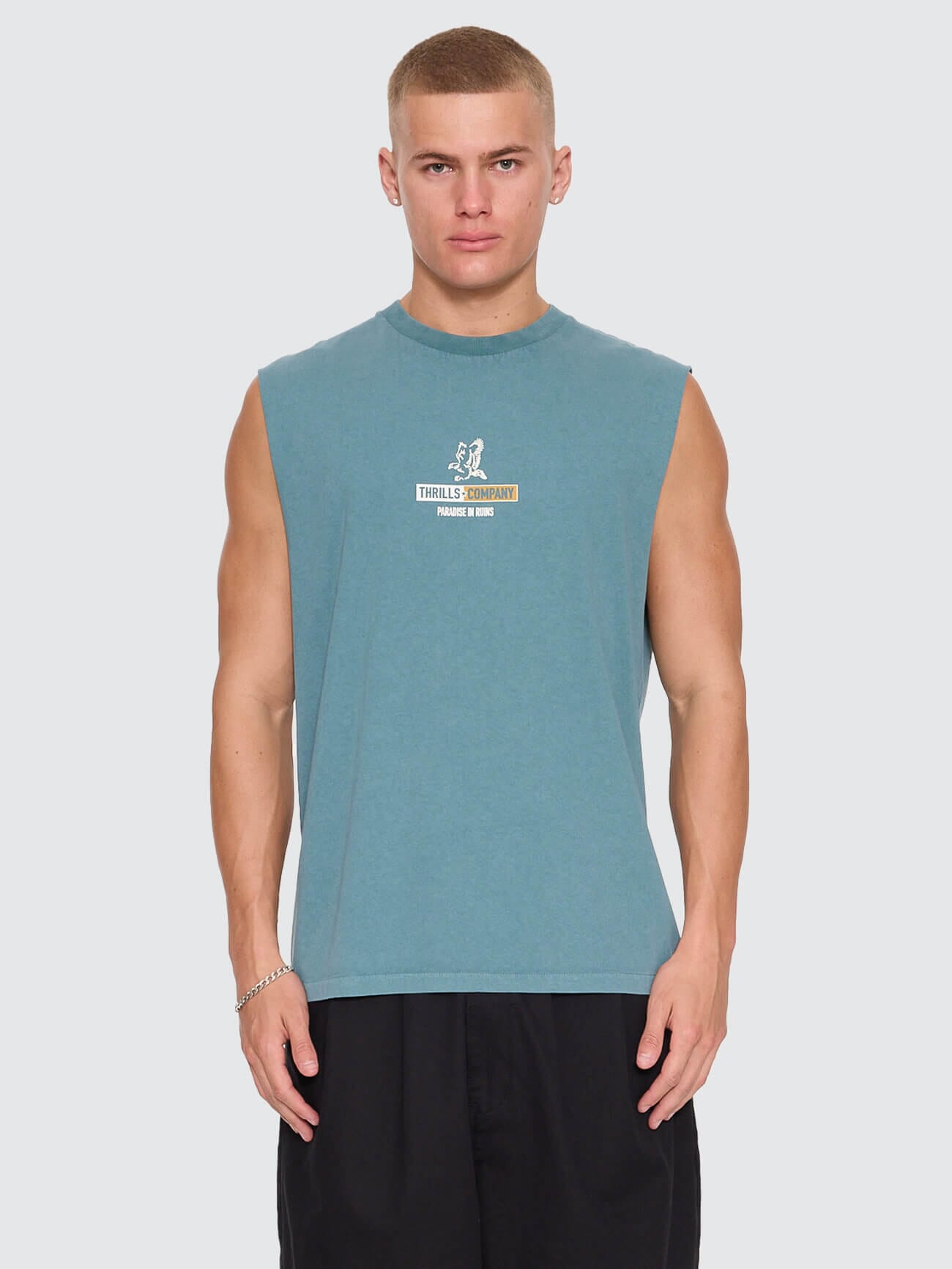 Thrills Risen Merch Muscle Tee Troppo Teal back