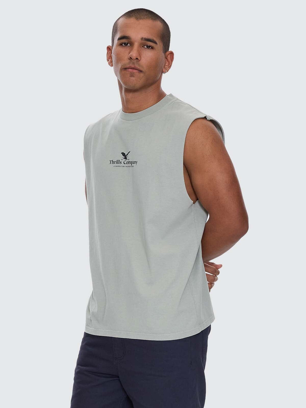 Thrills A Haven For The Restless Merch Fit Muscle Tee - Dirty Sage (view 3)