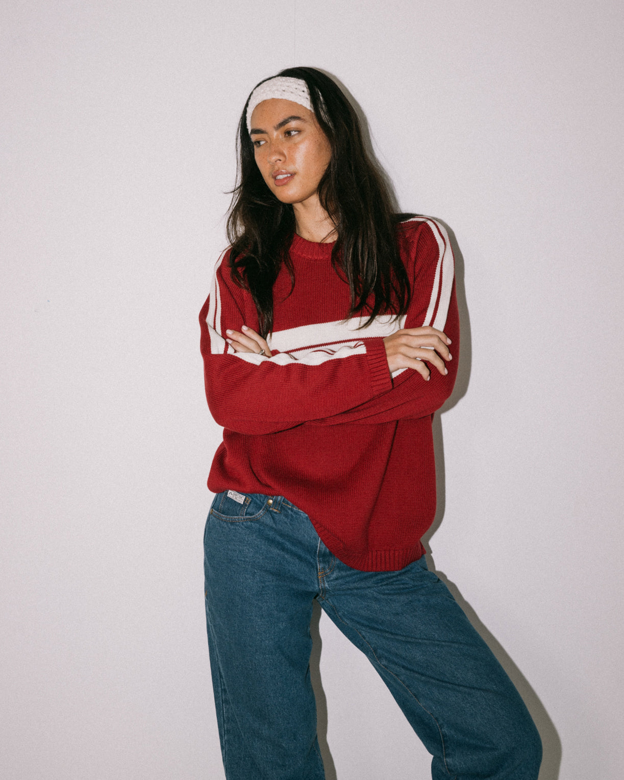 White Lines Crew Neck Knit - Rhubarb