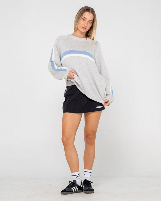 White Lines Long Sleeve Crew Neck Knit - Grey Marle / Blue