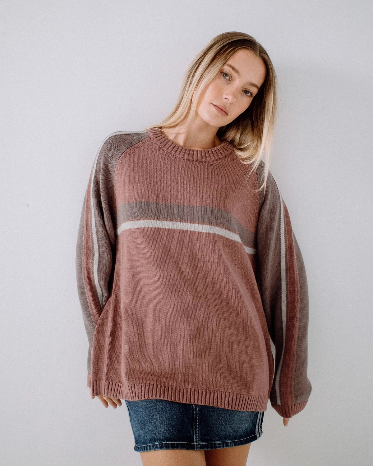 Rusty White Lines Two Long Sleeve Crew Neck Knit - Elderberry (view 3)