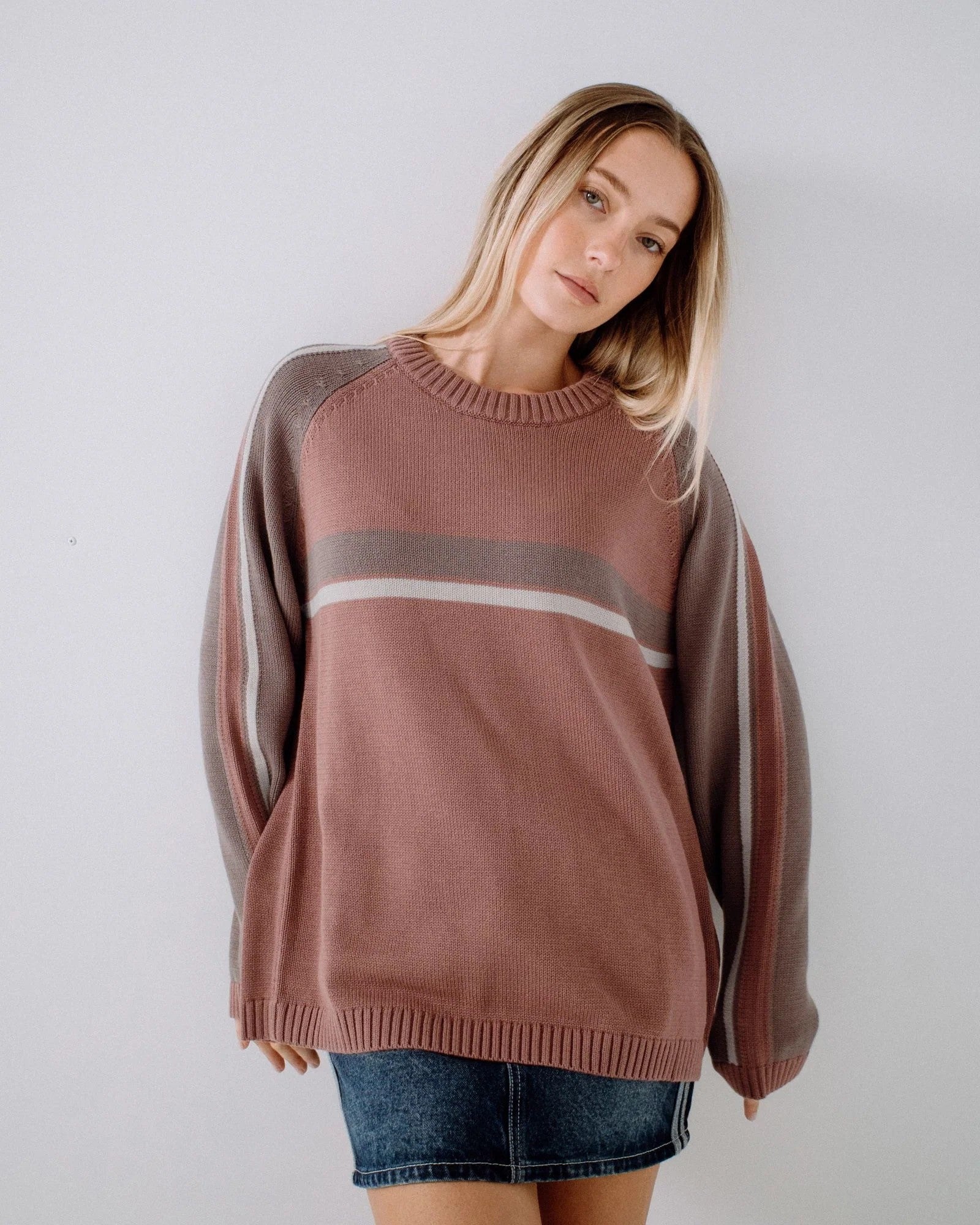 White Lines Two Long Sleeve Crew Neck Knit - Elderberry - Catani Clothing