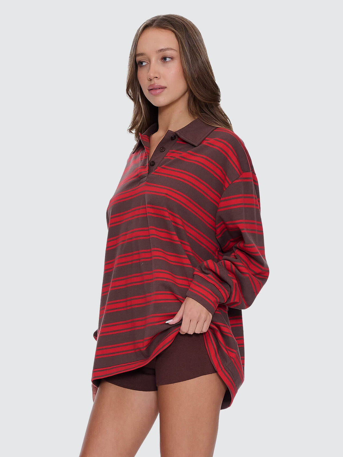 Thrills Conditions Apply Stripe Long Sleeve Polo - Bitter Chocolate (view 3)
