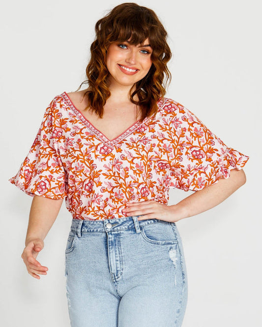 Ashley V-Neck Top - Pink Blossom