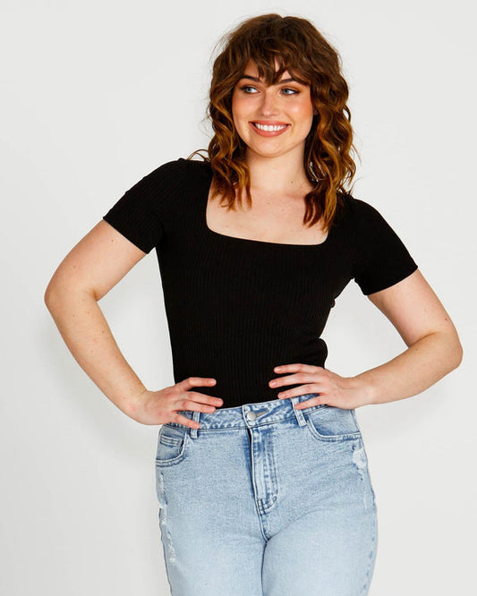 Aubrey Square Neck Short Sleeve Top - Black