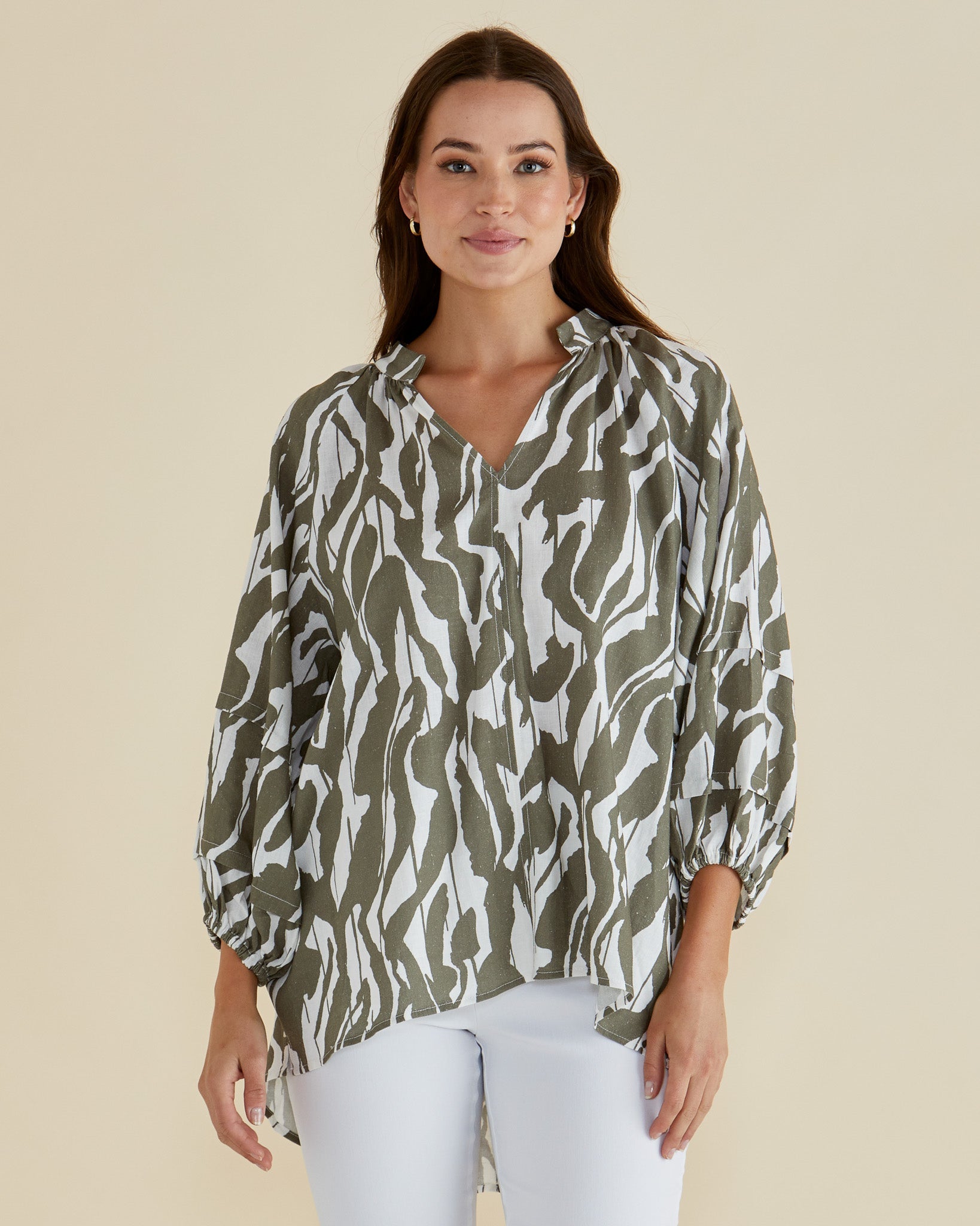 Grazia Blouse - Olive Geometric Print - Catani Clothing