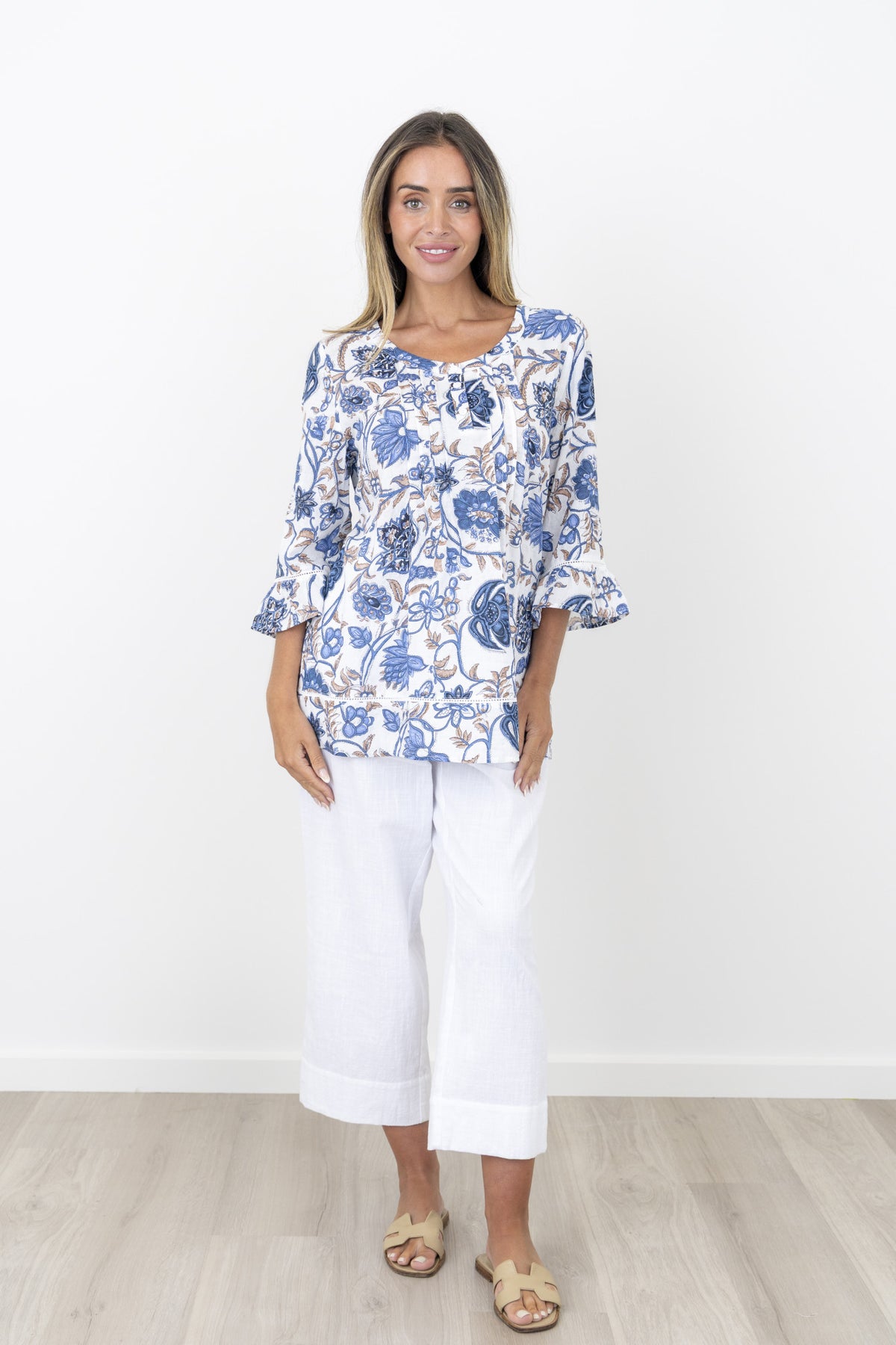 Renoma Bromley Casey Pintuck Top in Azure Wave blue print