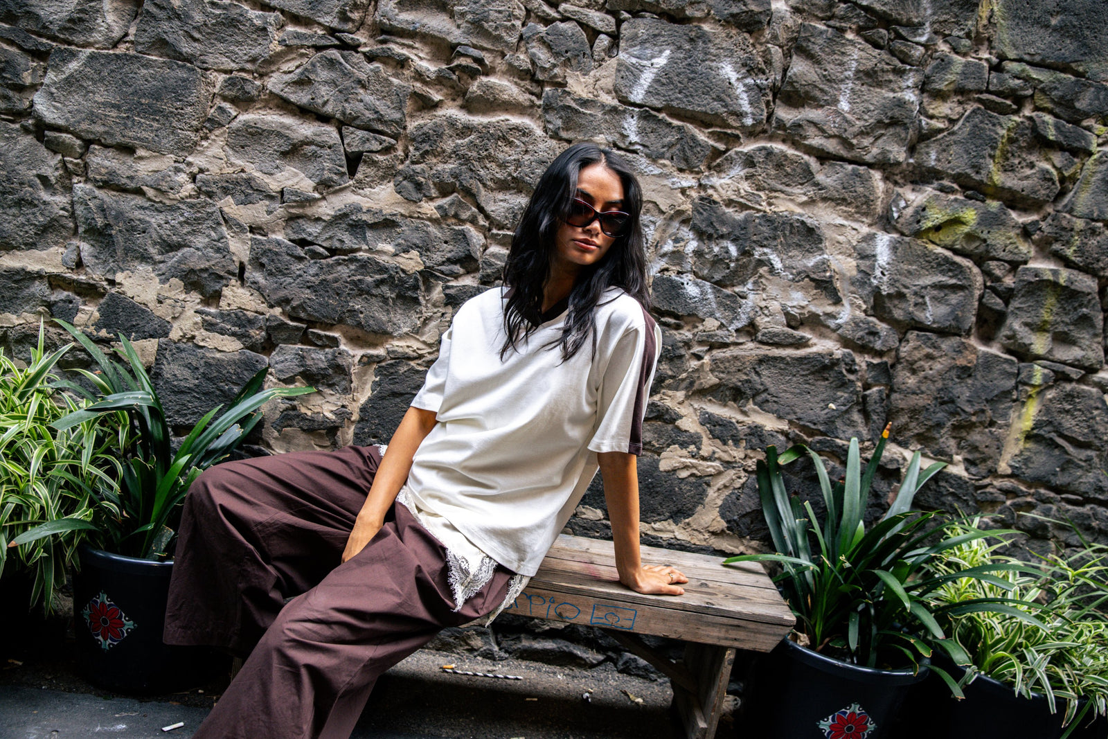 Spring 26 laneway editorial - white oversized tee and chocolate wide leg pants