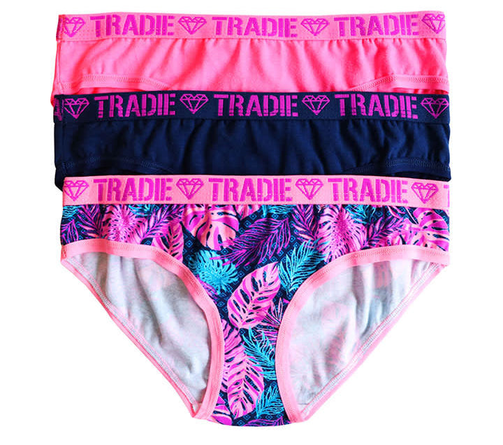 Tradie Girls 3pk Bikini in Rainbow Forest, pink navy and tropical print