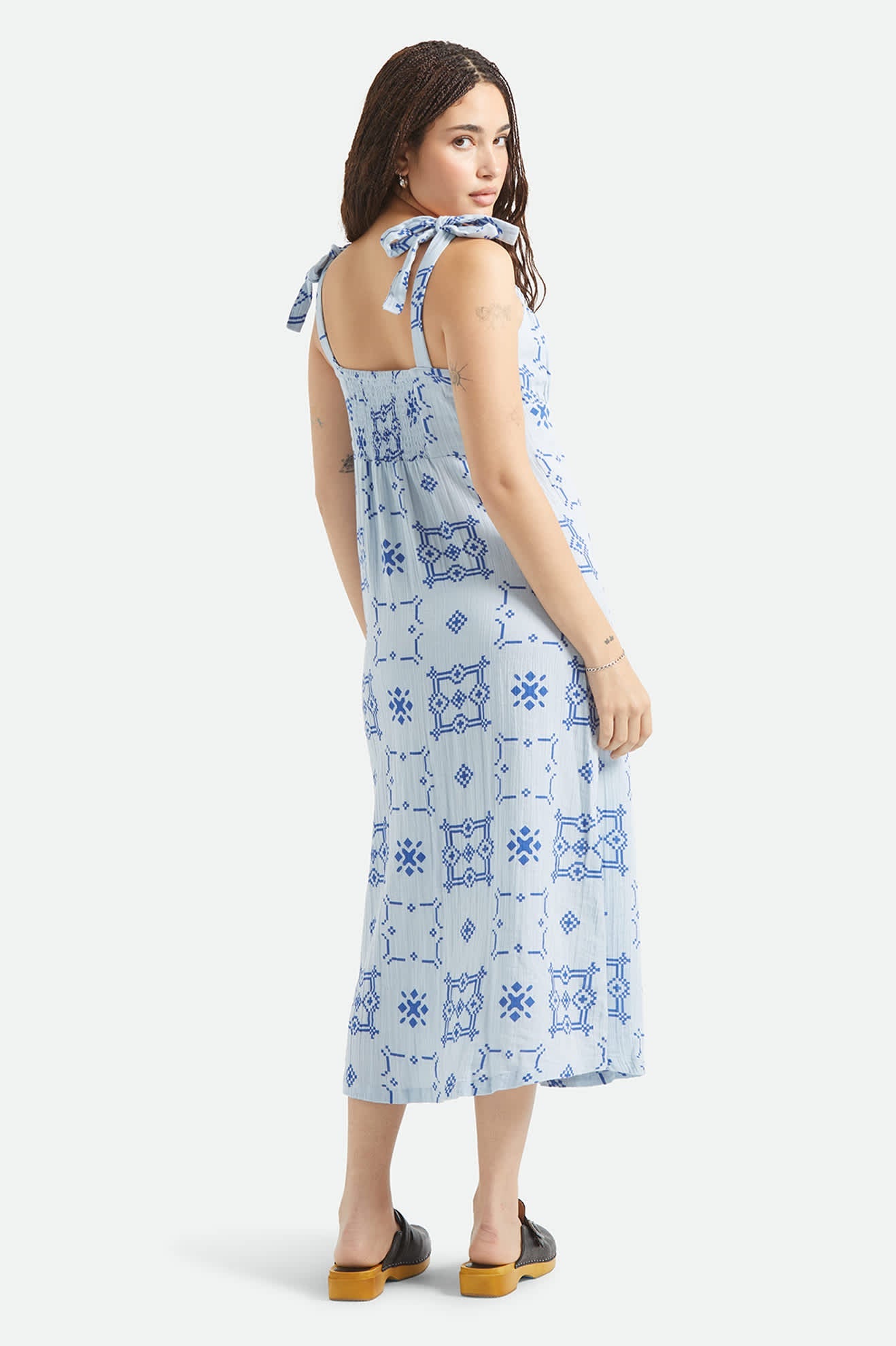 Brixton The Tie Dress in Aura Blue Tile Print - back