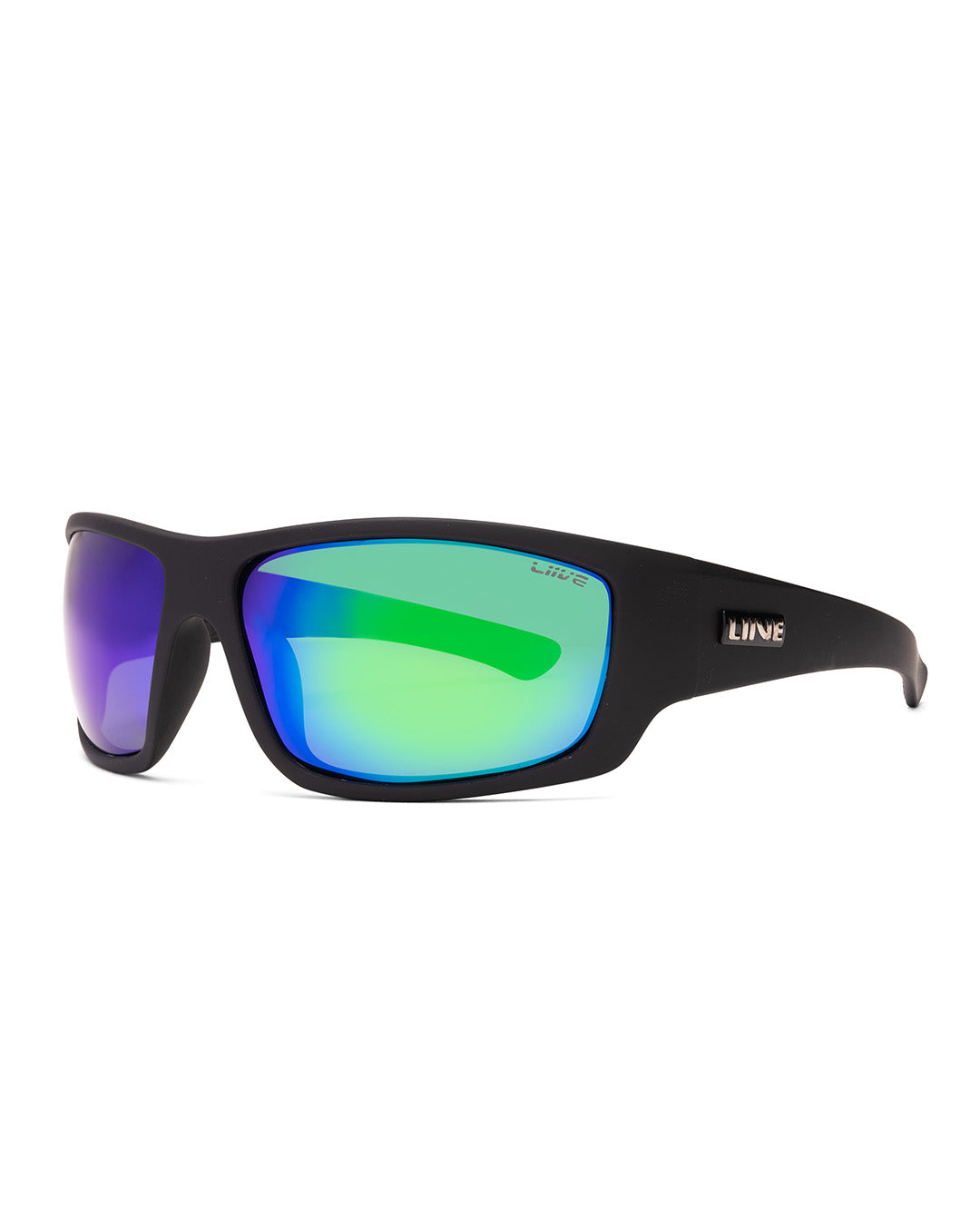 Liive Kuta wrap sunglasses in matt black with green mirror lens