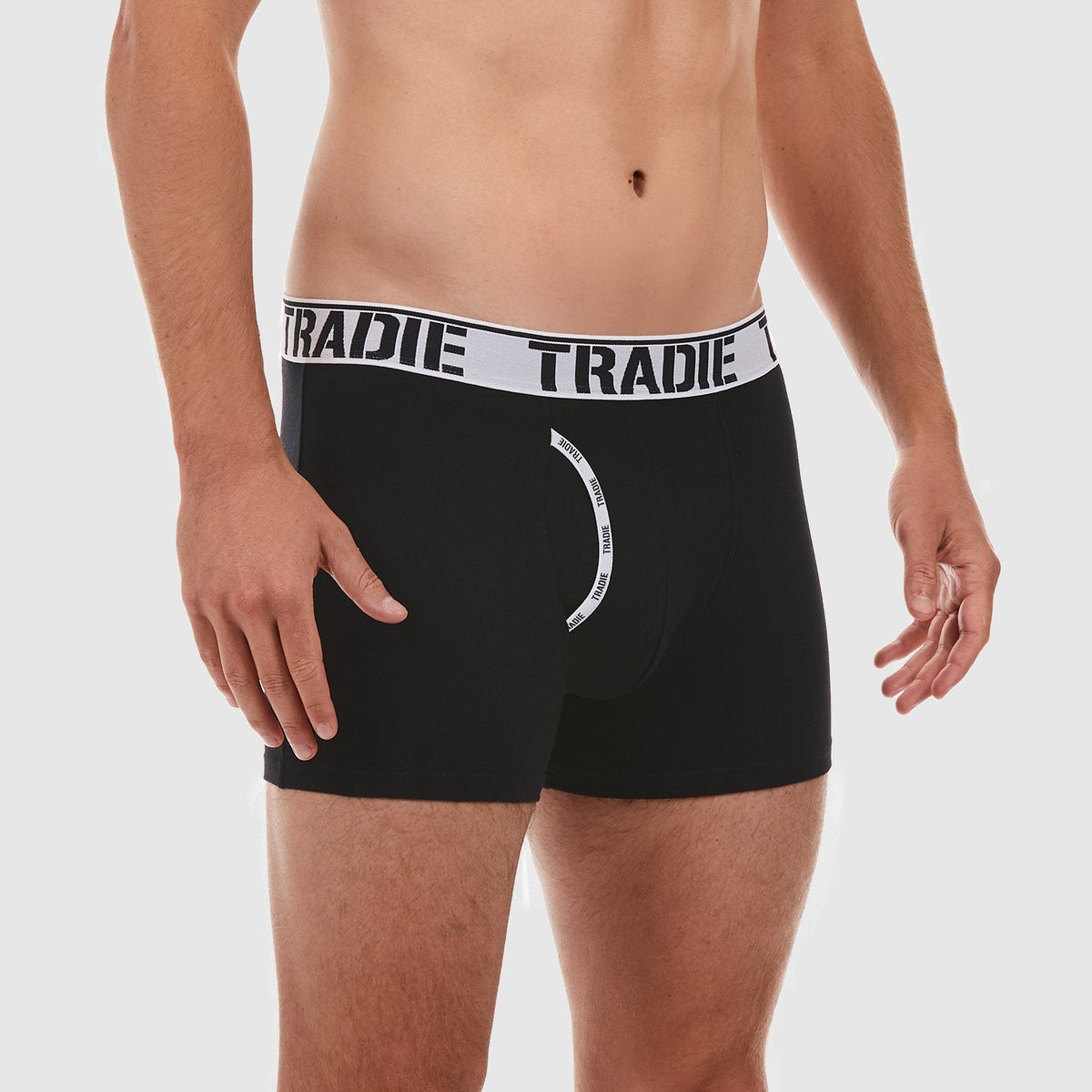 Tradie Man Front Trunk in black with white contrast stitch
