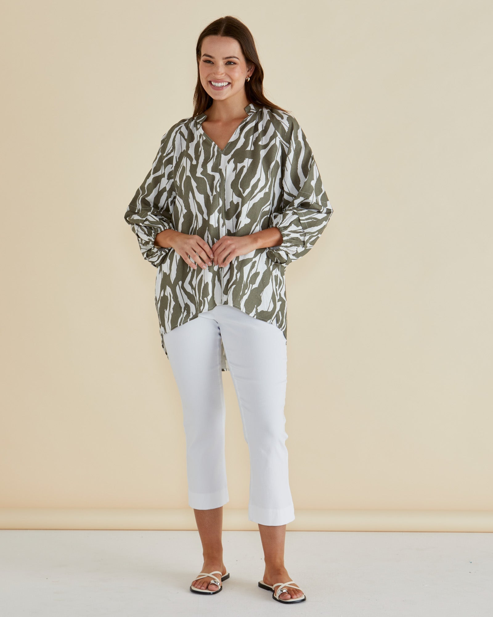 Grazia Blouse - Olive Geometric Print - Catani Clothing