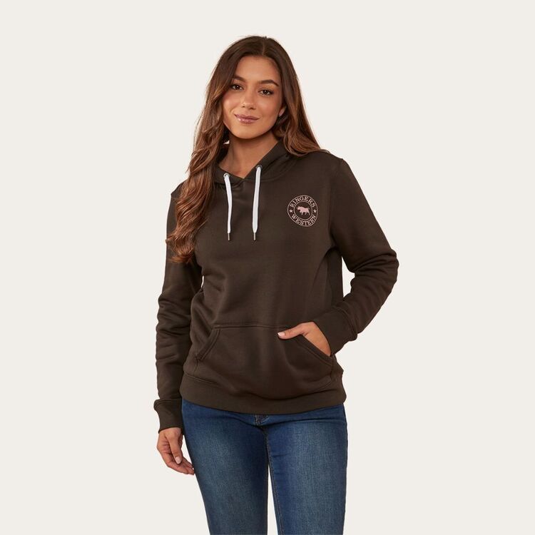 Ringers Western Signature Bull Womens  Pullover Hoodie - Charcoal & Rosey