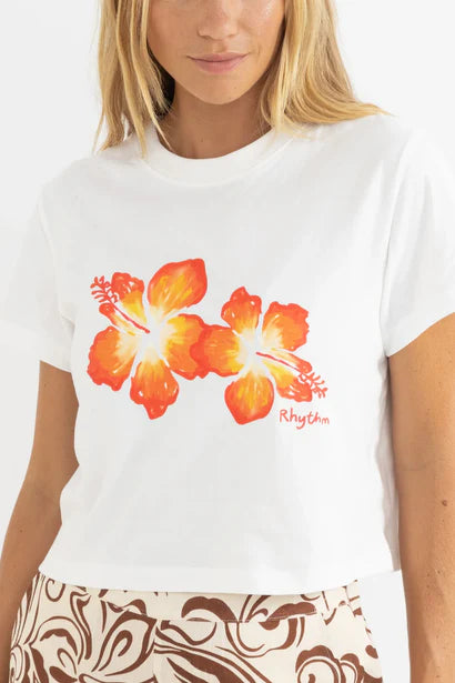 Hibiscus Floral Crop Crew Tee - White