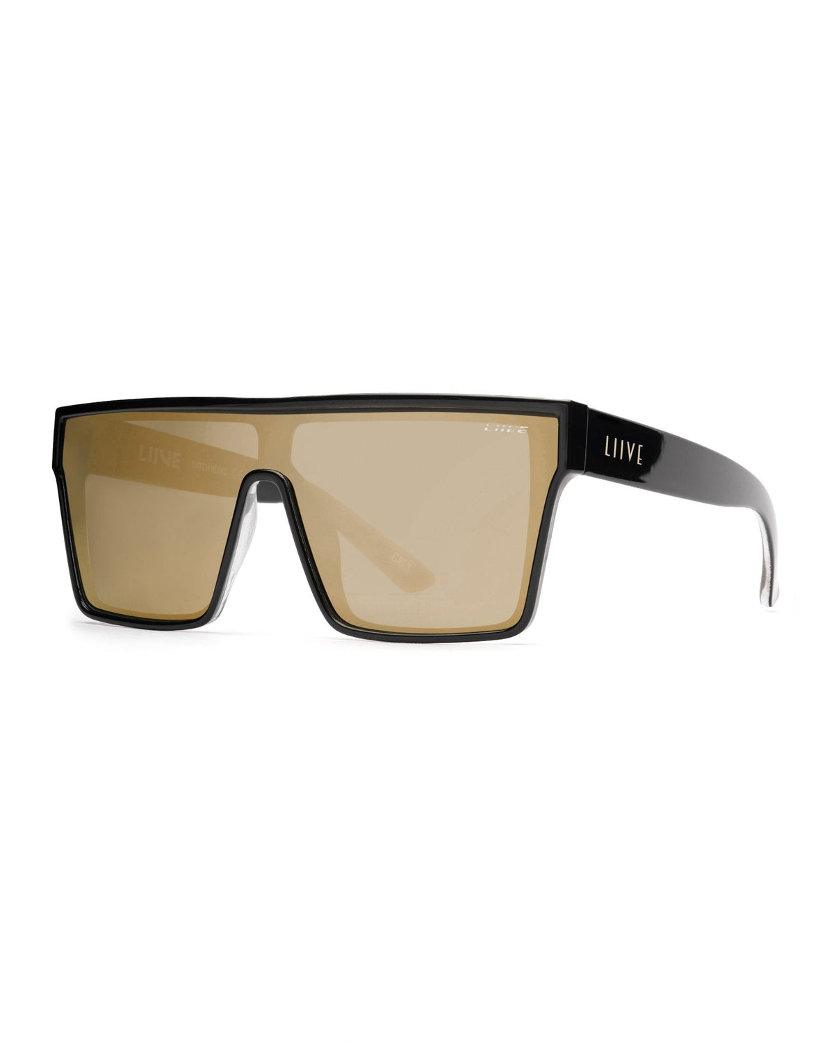 Liive Wasteland shield sunglasses in matt black with gold mirror lens