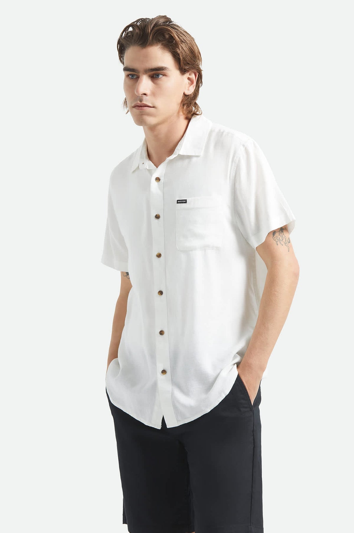 Brixton Charter Slub short sleeve shirt in off white, detail view